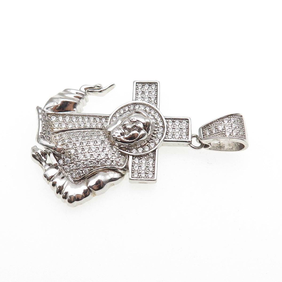 925 Sterling Silver Round-Cut C Z Jesus & Cross Charm Pendant