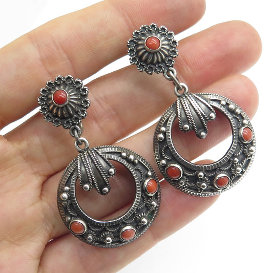 925 Sterling Silver Antique Real Coral Cannetille Oxidized Screw Back Earrings