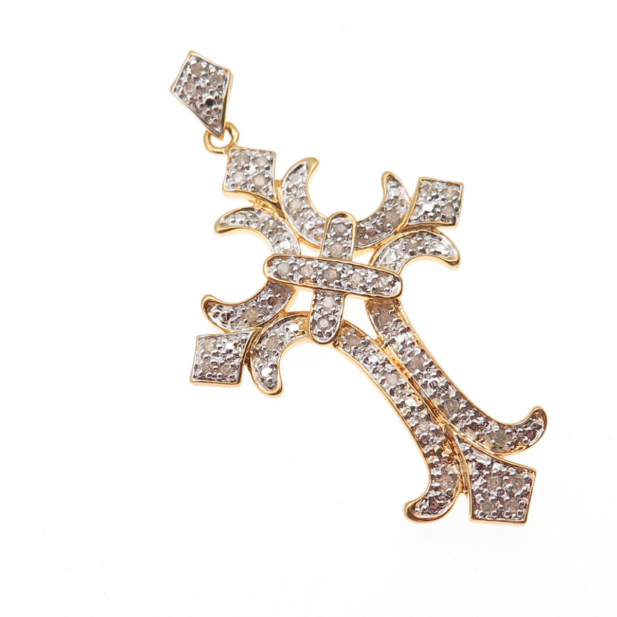 925 Sterling Silver Gold Plated Real Round-Cut Diamond Cross Charm Pendant