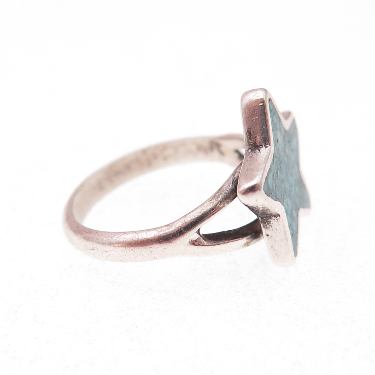Old Pawn 925 Sterling Silver Vintage Turquoise Inlay Star Tribal Ring Size 4.75