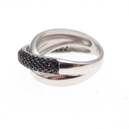 925 Sterling Silver Real Round-Cut Black Spinel Crisscross Ring Size 6.25