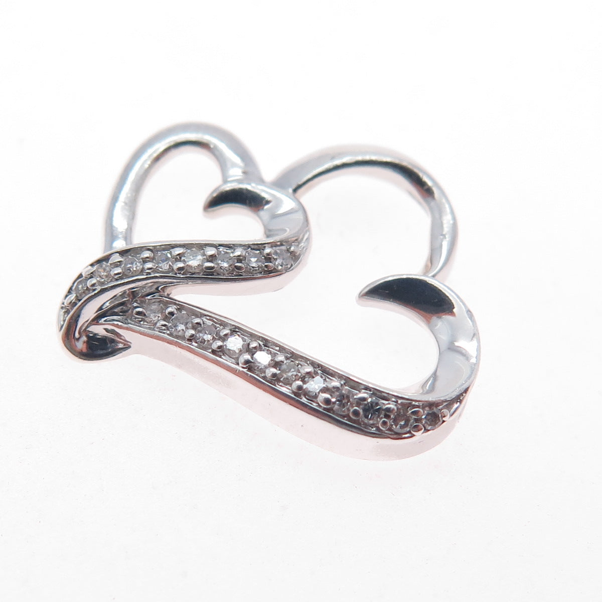 925 Sterling Silver Real Round-Cut Diamond Double Heart Mini Slide Charm Pendant