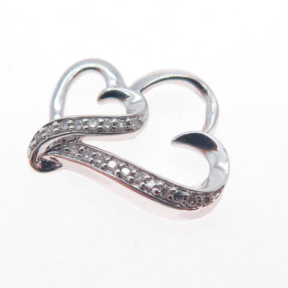 925 Sterling Silver Real Round-Cut Diamond Double Heart Mini Slide Charm Pendant