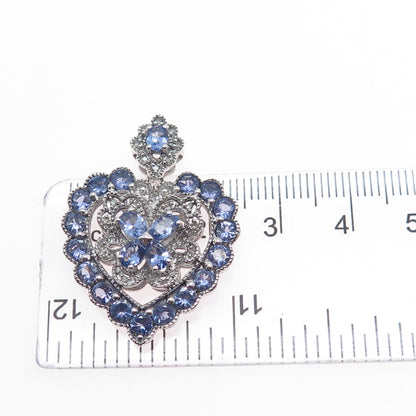 925 Sterling Silver Real Diamond & Tanzanite Heart Cluster Slide Charm Pendant