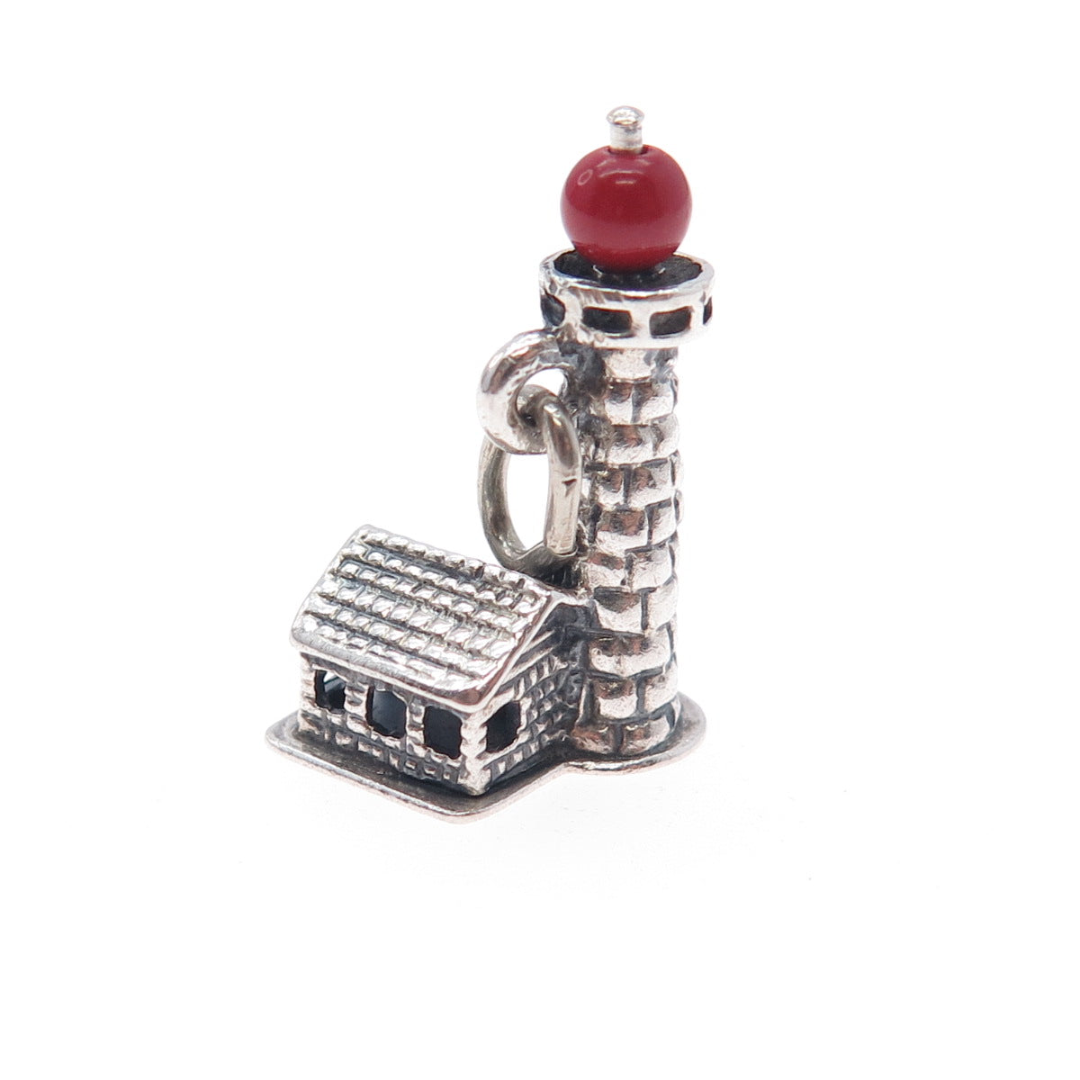 BEAU CRAFT 925 Sterling Antique Art Deco Real Coral Lighthouse Mini 3D Pendant