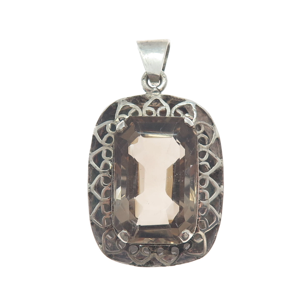 925 Sterling Silver Vintage Real Emerald-Cut Smoky Quartz Heart Link Pendant