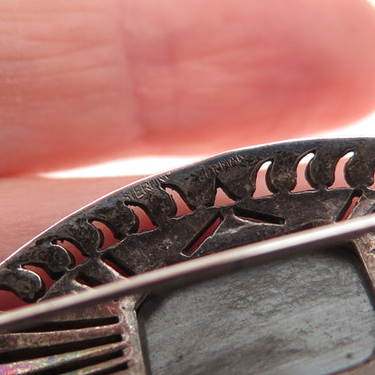 925 Sterling Silver Antique Art Deco Germany Real Hematite Marcasite Pin Brooch