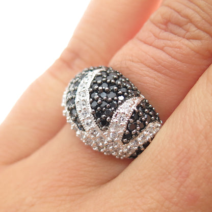 925 Sterling Silver Round-Cut Black & White C Z Floral Dome Ring Size 5.25