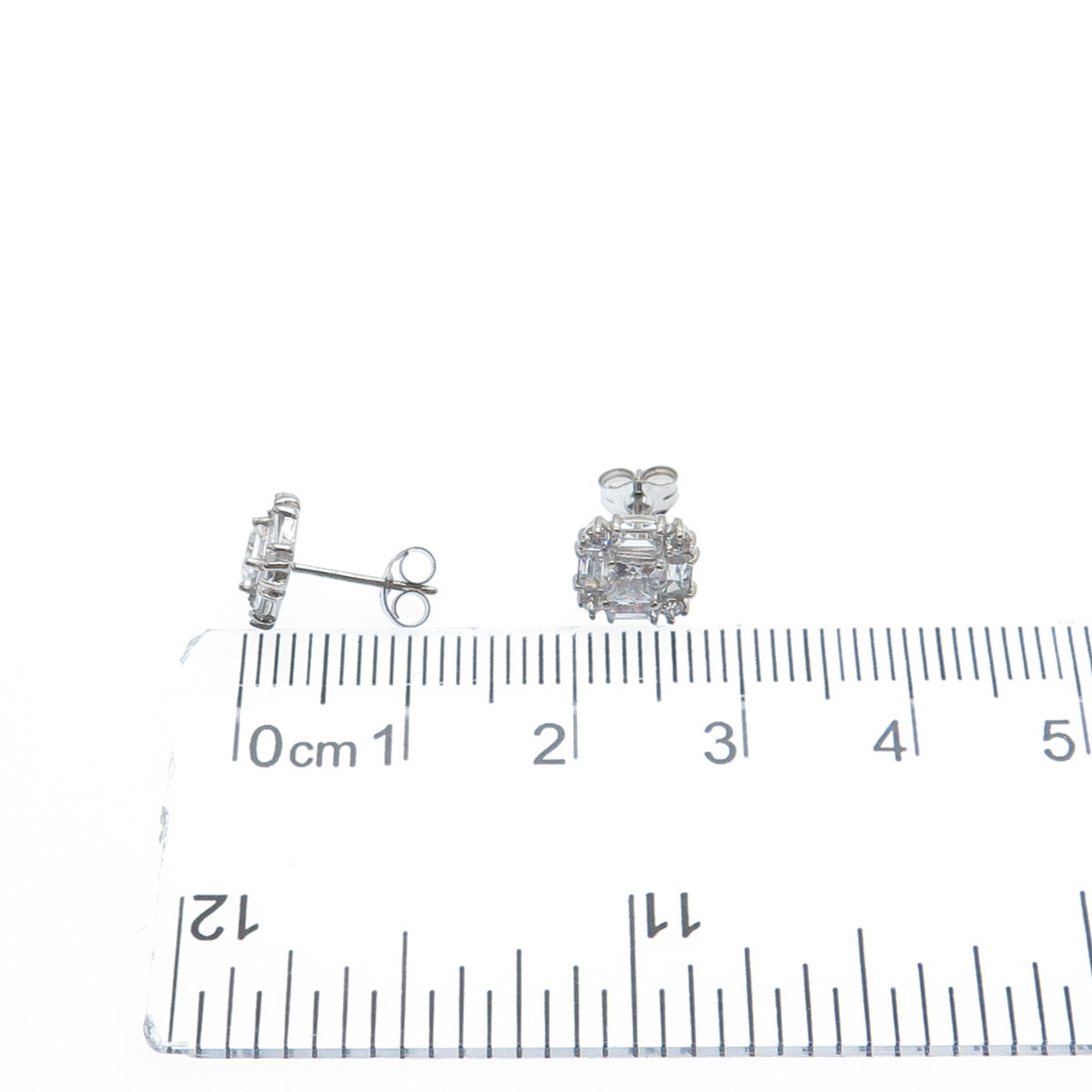 925 Sterling Silver Princess Emerald & Round-Cut C Z Stud Earrings