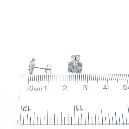 925 Sterling Silver Princess Emerald & Round-Cut C Z Stud Earrings