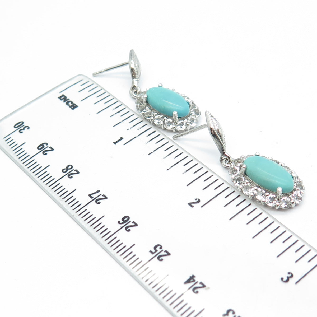 925 Sterling Silver Vintage Real White Topaz & Turquoise Gem Dangling Earrings