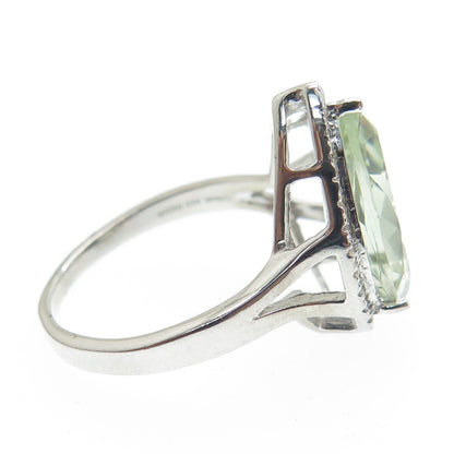 DSMK 925 Sterling Silver Diamond & Pear-Cut Green Amethyst Gem Ring Size 7.25