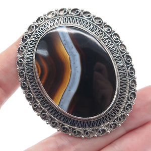 BETHLEHEM H. J. A. 935 Silver Vintage Real Agate Filigree Oxidized Pin Brooch