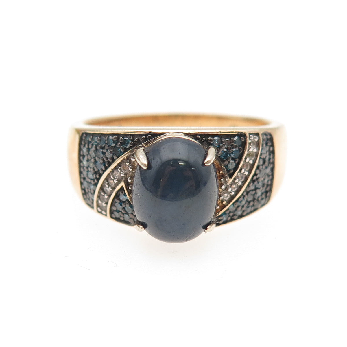 925 Sterling Gold Plated Blue Diamond Star Sapphire & White Topaz Ring Size 11