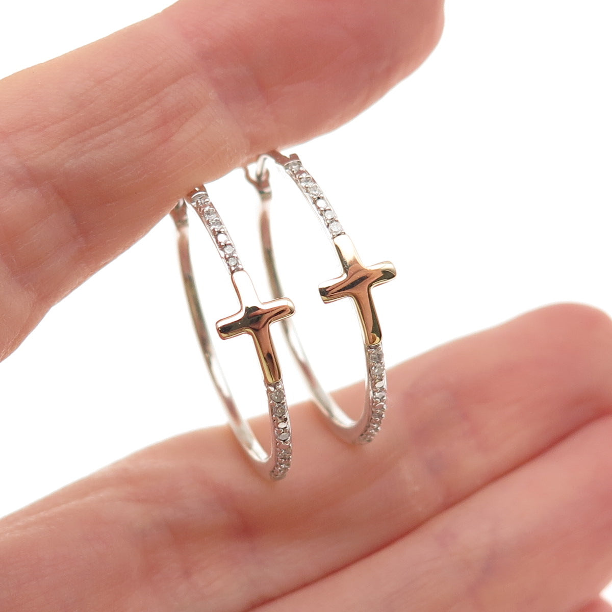 Sun 925 Sterling Silver 10K Gold Real Round-Cut Diamond Cross Hoop Earrings