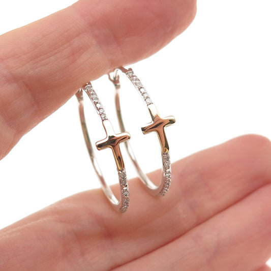 Sun 925 Sterling Silver 10K Gold Real Round-Cut Diamond Cross Hoop Earrings