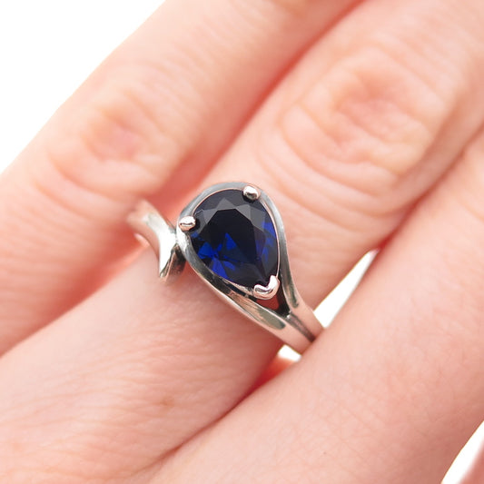 925 Sterling Silver Vintage Pear-Cut Blue C Z Modernist Oxidized Ring Size 6
