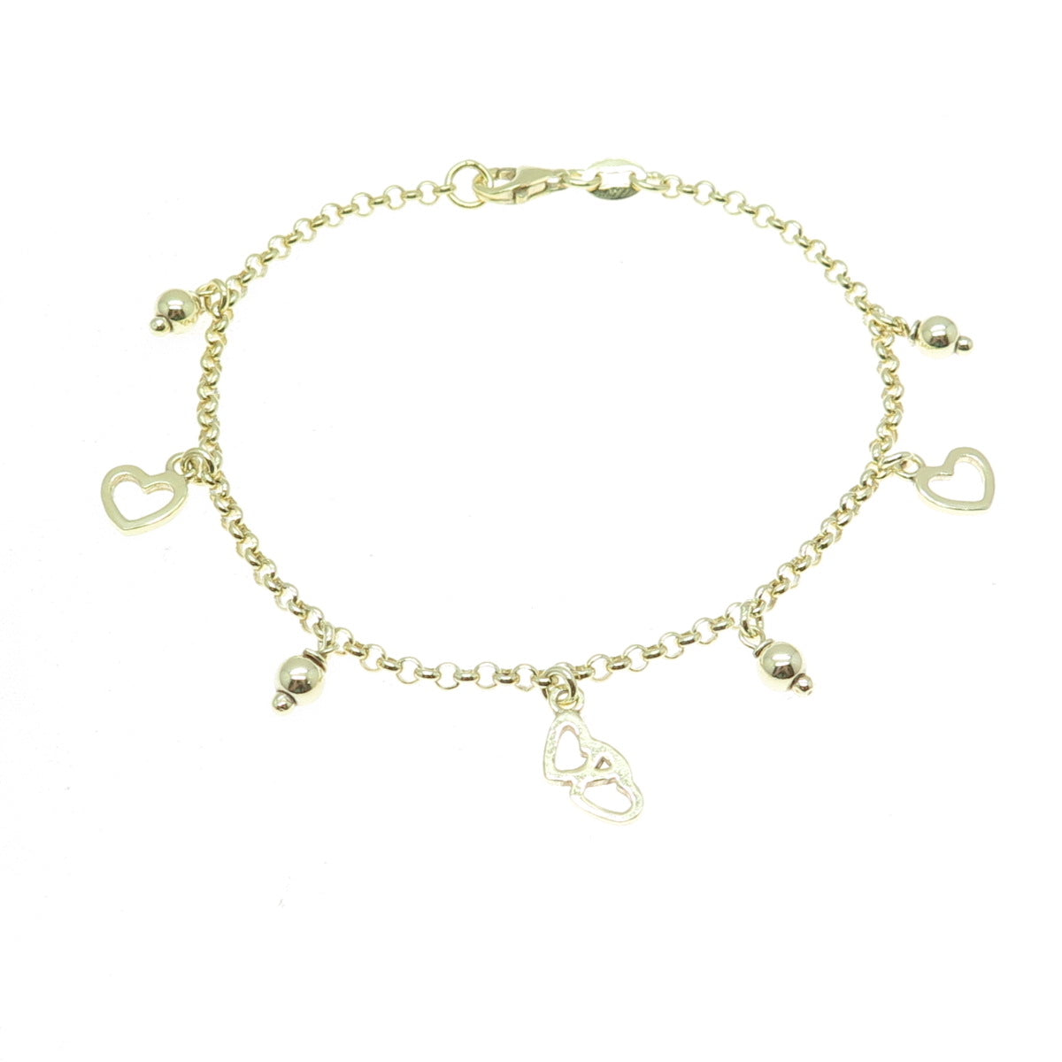 925 Sterling Silver Gold Plated Heart & Ball Charms Rolo Link Bracelet 7"