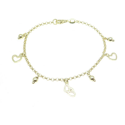 925 Sterling Silver Gold Plated Heart & Ball Charms Rolo Link Bracelet 7"