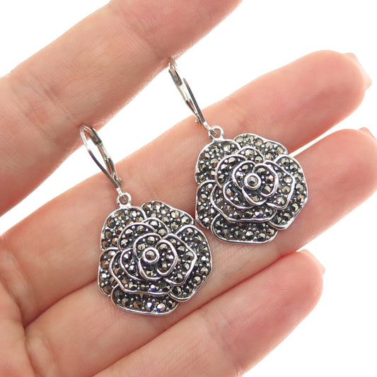 CHAPAL ZENRAY 925 Sterling Silver Vintage Real Marcasite Rose Flower Earrings