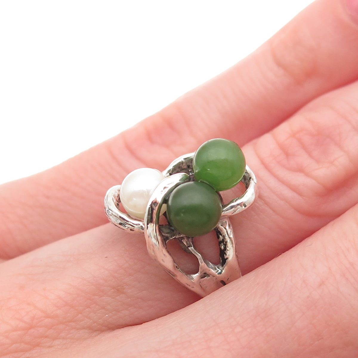 925 Sterling Silver Vintage Real Pearl & Jade Modernist Oxidized Ring Size 4.75