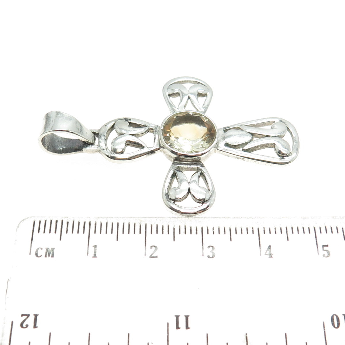 925 Sterling Silver Vintage Real Round-Cut Citrine Ornate Cross Pendant