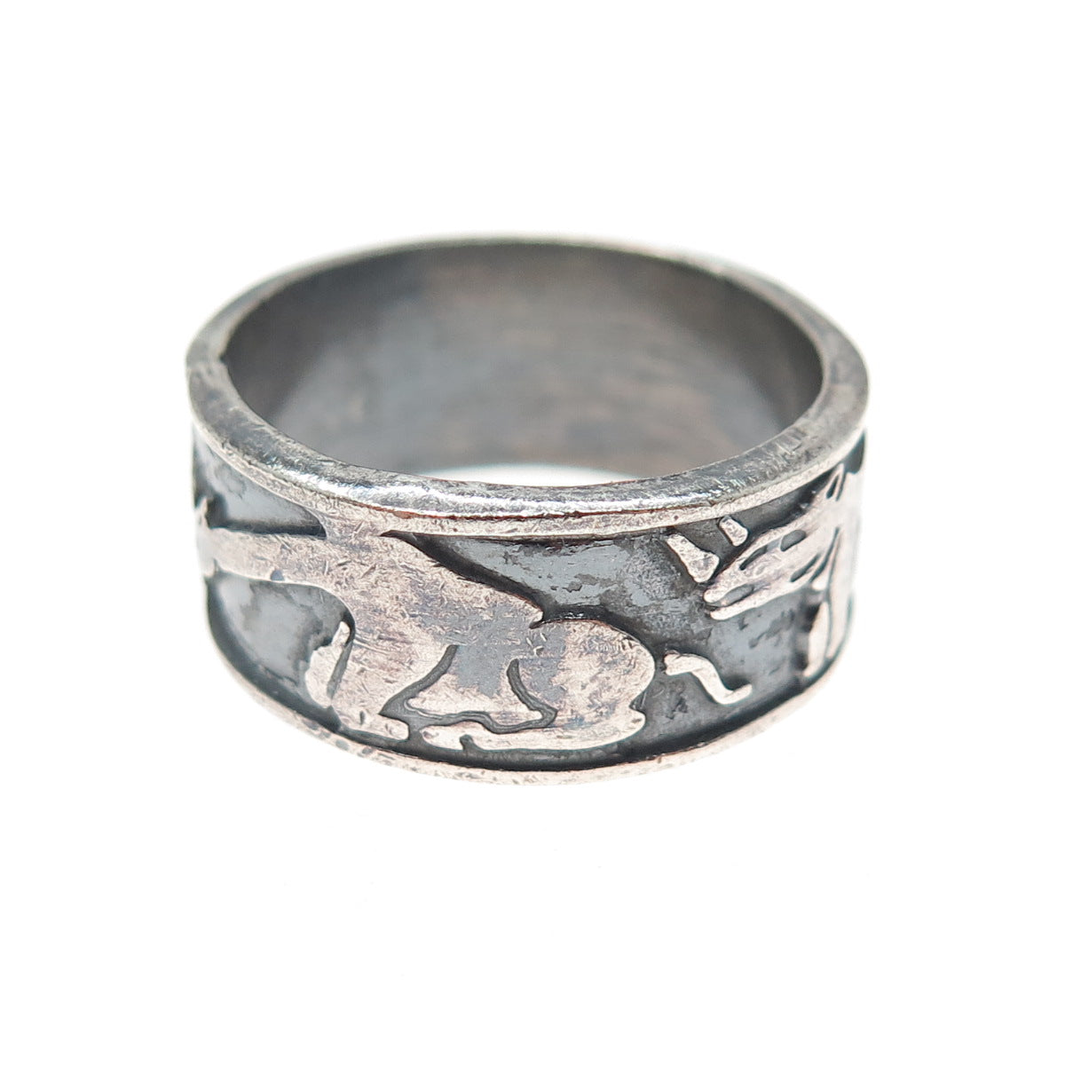 925 Sterling Silver Vintage Mexico Safari Animals Oxidized Band Ring Size 9.75
