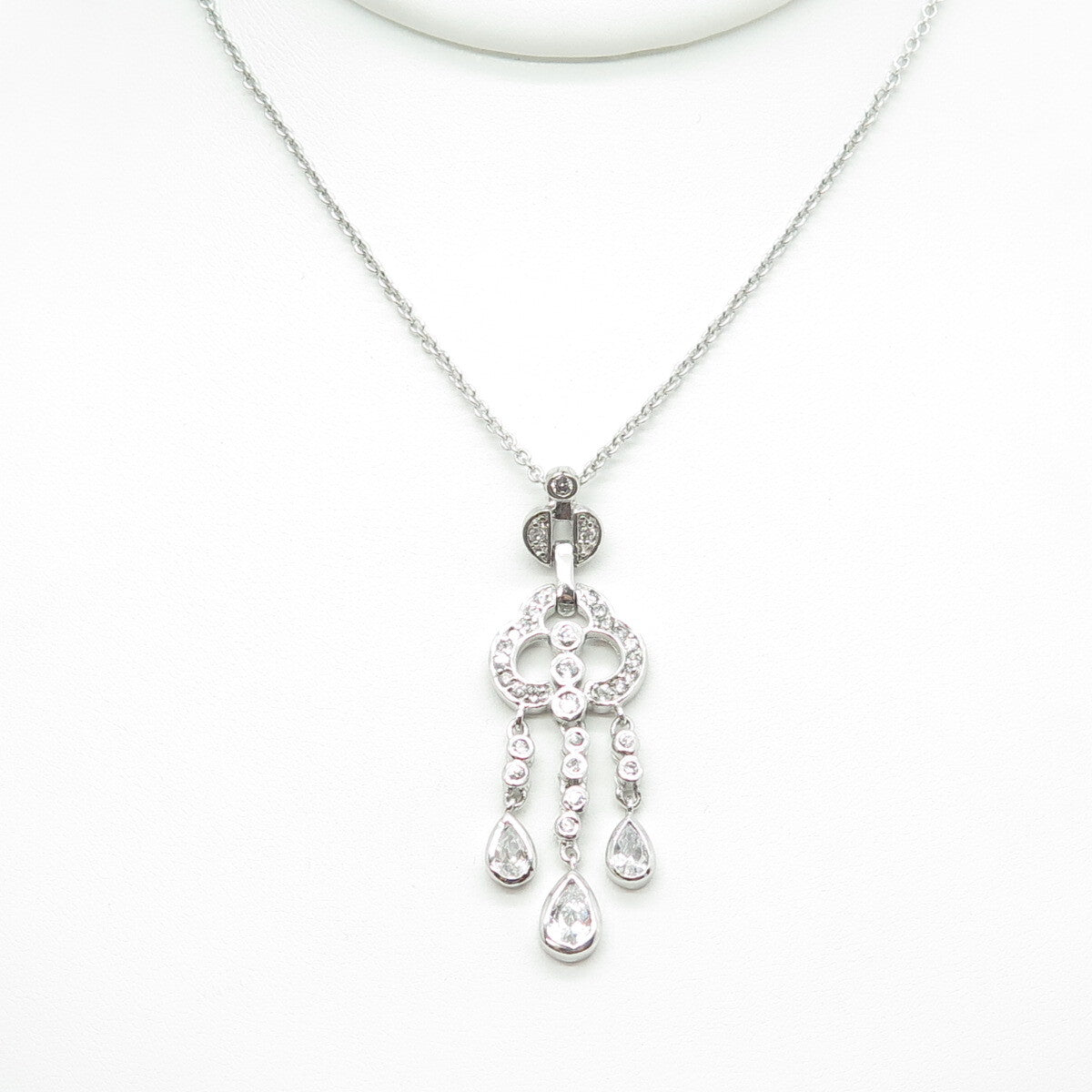 925 Sterling Silver Pear & Round-Cut C Z Chandelier Cable Chain Necklace 15"