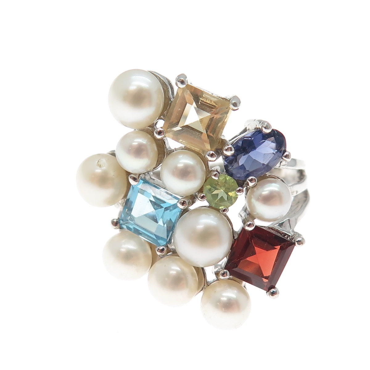 925 Sterling Silver Real Pearl Topaz Citrine Peridot Garnet & Iolite Ring Size 5