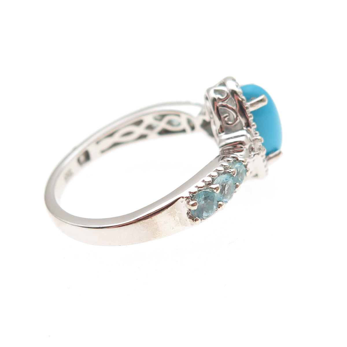 Chuck Clemency 925 Sterling Real Turquoise White Topaz & Aquamarine Ring Size 8
