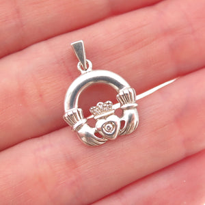 Solvar 925 Sterling Silver Vintage Real Diamond Accent Irish Claddagh Pendant