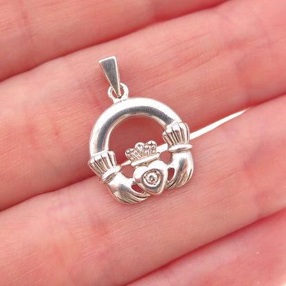 Solvar 925 Sterling Silver Vintage Real Diamond Accent Irish Claddagh Pendant