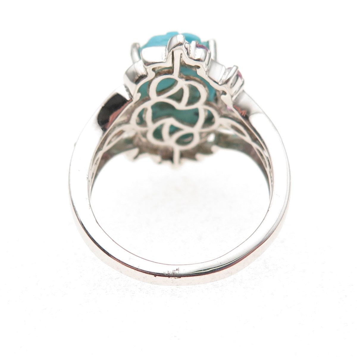 Chuck Clemency 925 Sterling Real Turquoise Pink & White Topaz Floral Ring Size 8