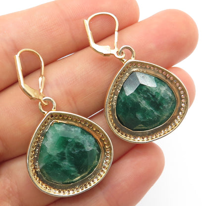 925 Sterling Silver Gold Plated Real Diamond & Emerald Teardrop Dangle Earrings