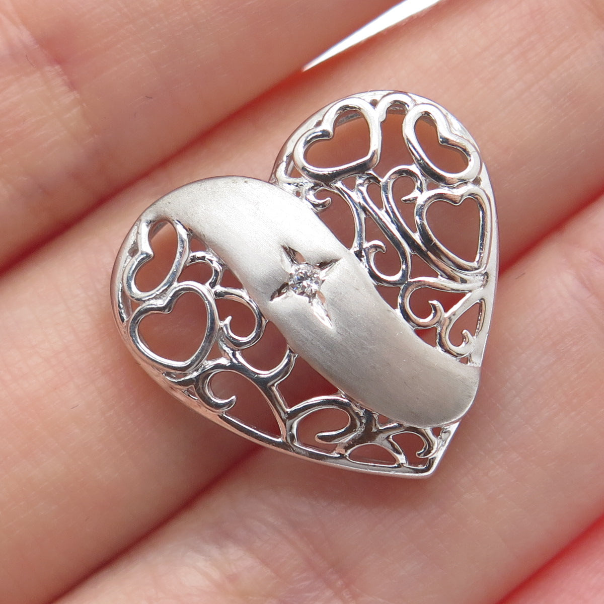 925 Sterling Silver Round-Cut C Z Heart Ornate Charm Slide Pendant