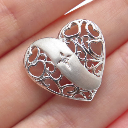 925 Sterling Silver Round-Cut C Z Heart Ornate Charm Slide Pendant