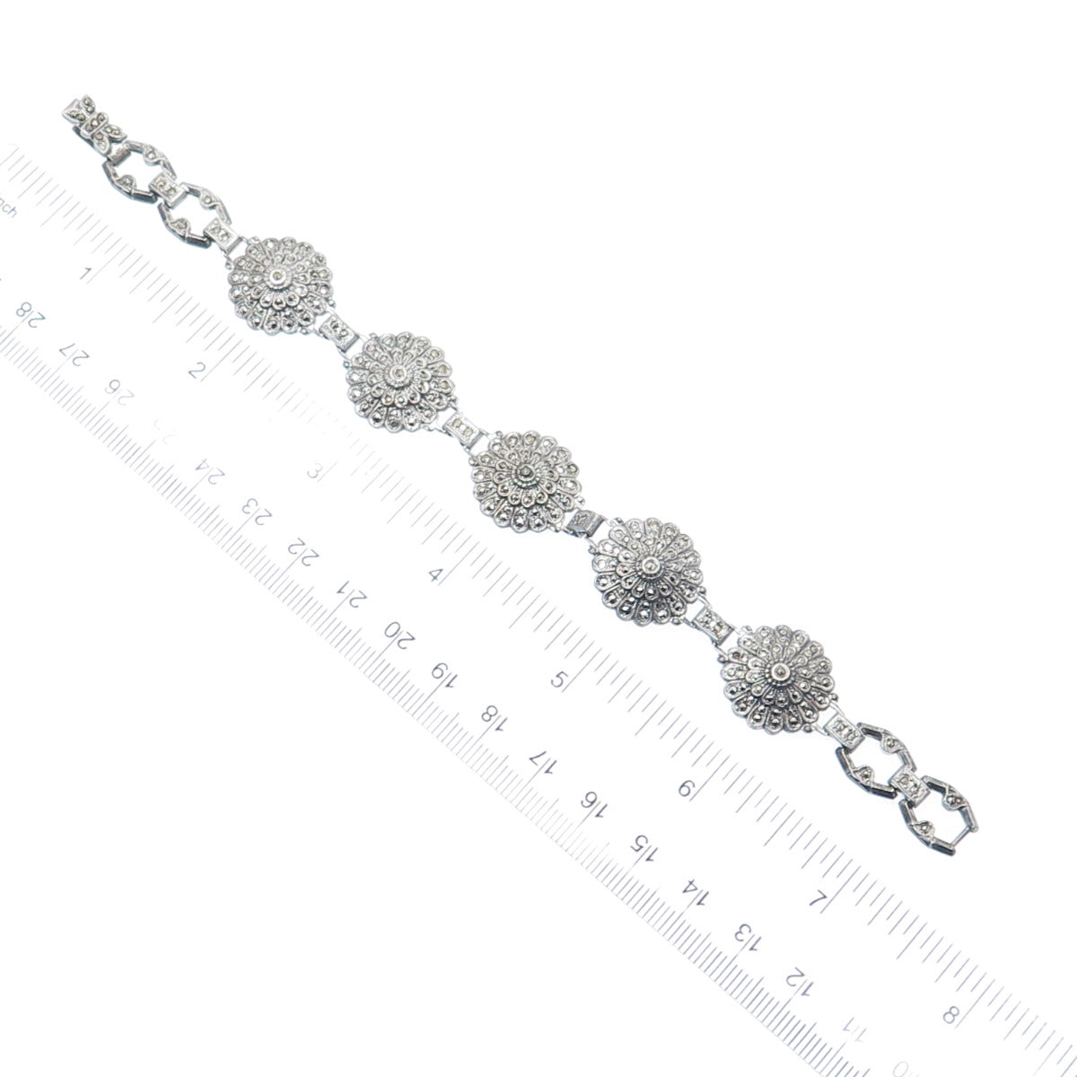925 Sterling Silver Antique Real Marcasite Floral Bracelet 7" (missing 4 stones)