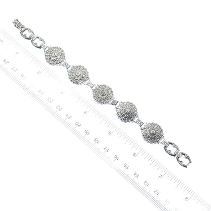 925 Sterling Silver Antique Real Marcasite Floral Bracelet 7" (missing 4 stones)