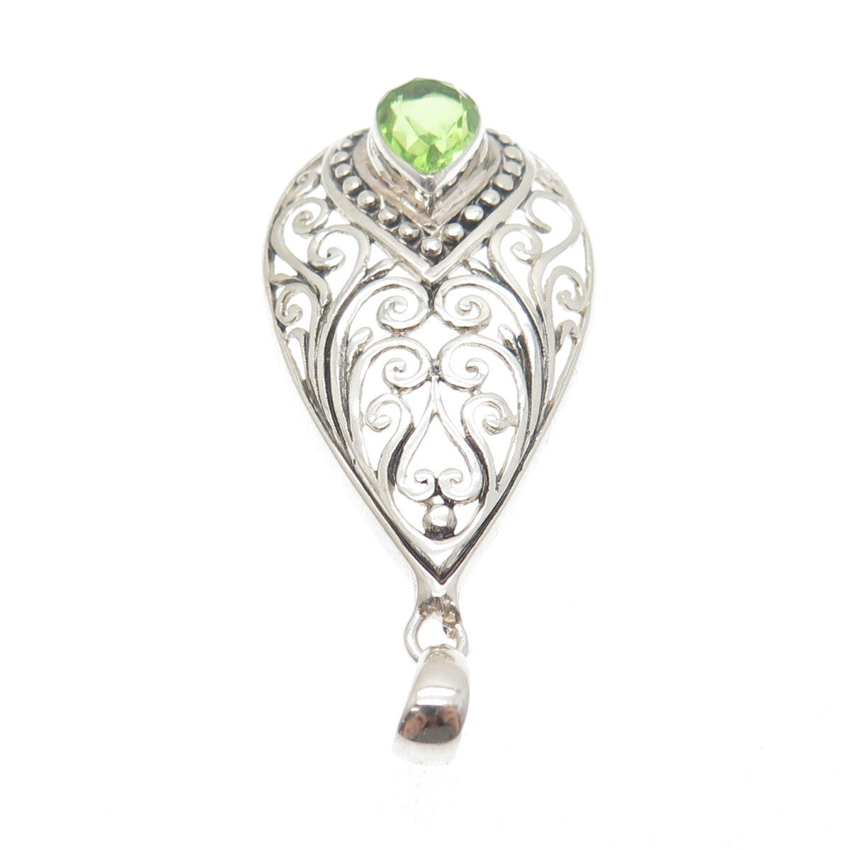 925 Sterling Silver Vintage GDS Real Pear-Cut Peridot Teardrop Ornate Pendant