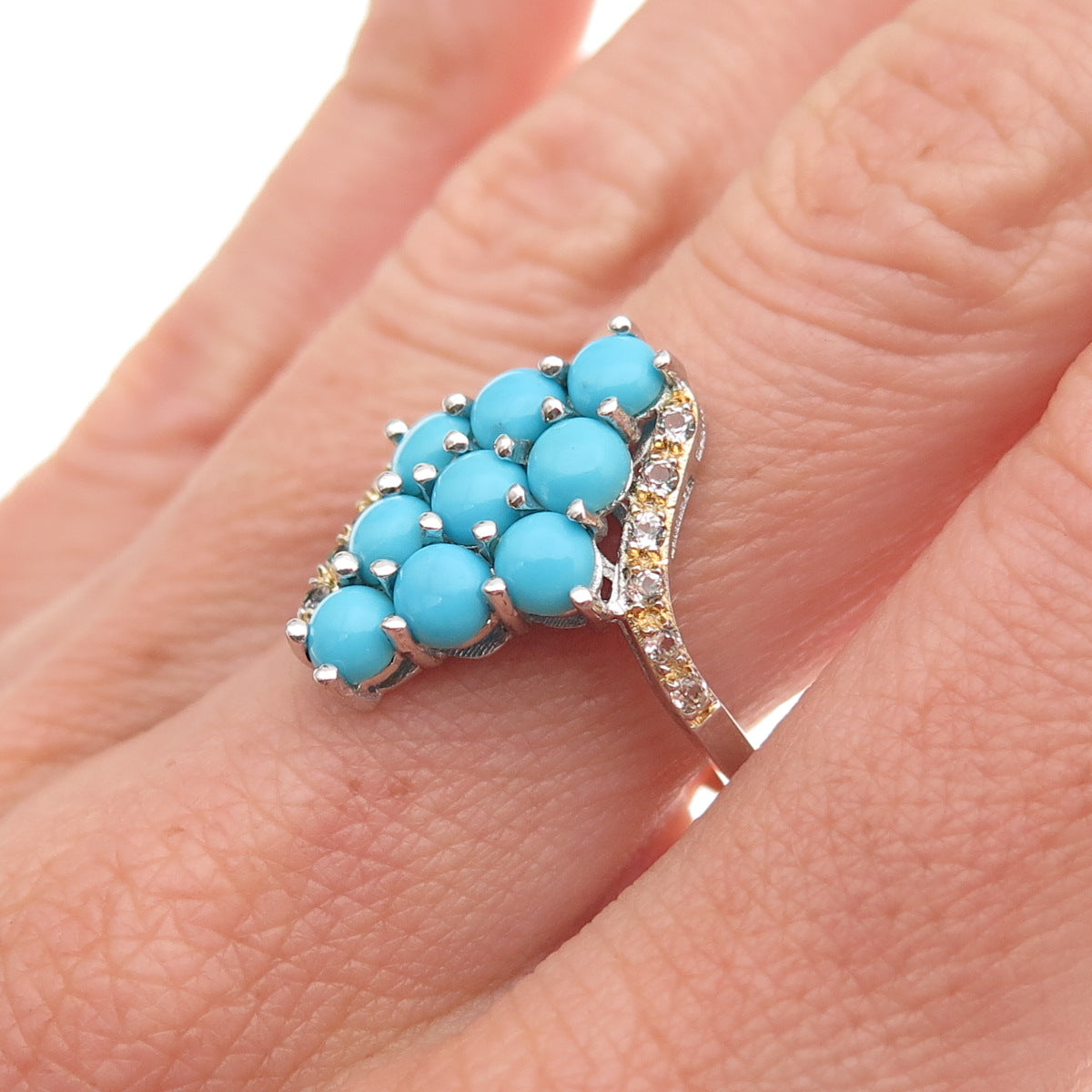 925 Sterling 2-Tone Real Sleeping Beauty Turquoise & White Topaz Ring Size 7.25