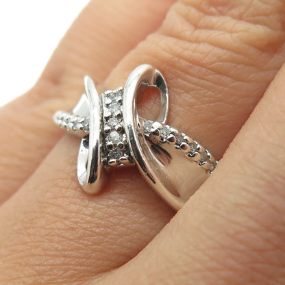 SUN 925 Sterling Silver Real Round-Cut Diamond Bypass Ring Size 7