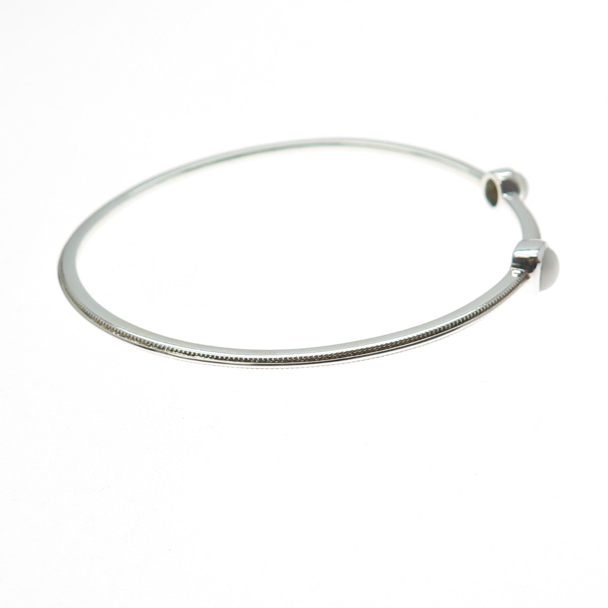 925 Sterling Silver Real Round & Cushion-Cut White Jade Bangle Bracelet 7.5"