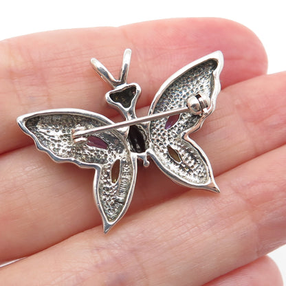 925 Sterling Vintage Real Peridot Amethyst Garnet & C Z Butterfly Brooch Pendant