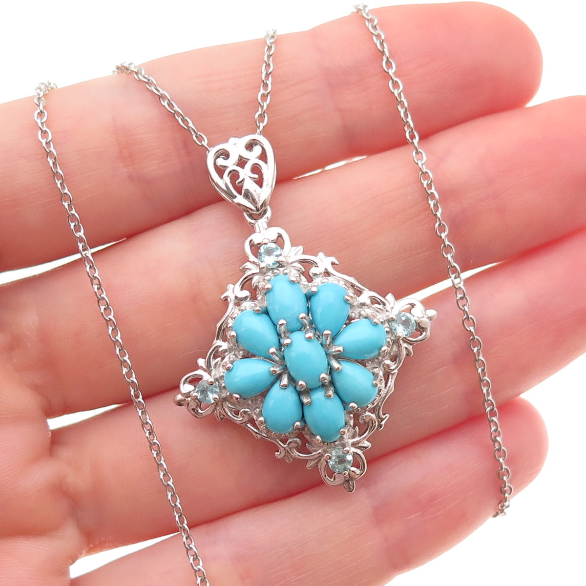 D'Joy 925 Sterling Silver Real Turquoise & Aquamarine Cable Chain Necklace 20"