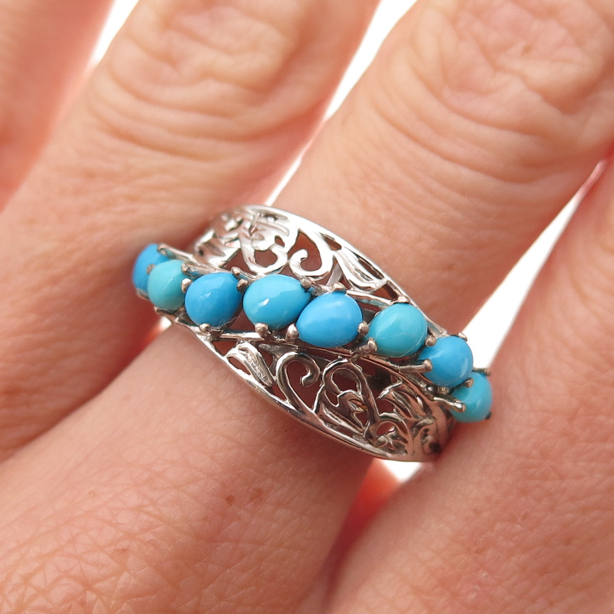 Chuck Clemency 925 Sterling Silver Real Turquoise Floral Scroll Ring Size 8.25