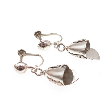 925 Sterling Silver Antique Art Deco Siam Hindu Goddess Bell Screw Back Earrings