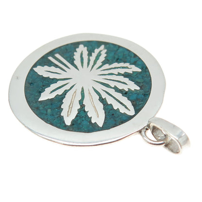 925 Sterling Silver Vintage Mexico Real Turquoise Inlay Cannabis Round Pendant