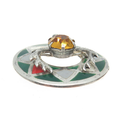 925 Sterling Silver Vintage Enamel Yellow Rhinestone Scottish Stag Pin Brooch