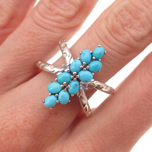 Chuck Clemency 925 Sterling Real Turquoise & Tanzanite Crisscross Ring Size 8.25
