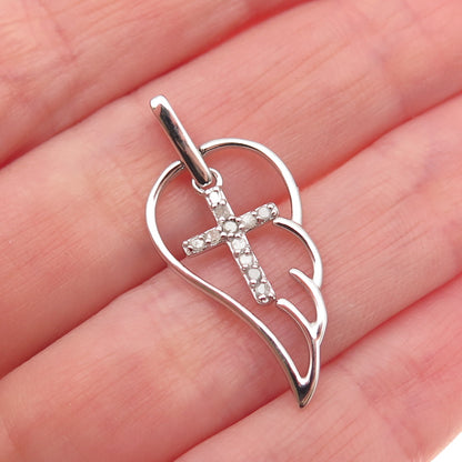 Charles Winston 925 Sterling Silver Real Diamond Cross Angel Wing Charm Pendant